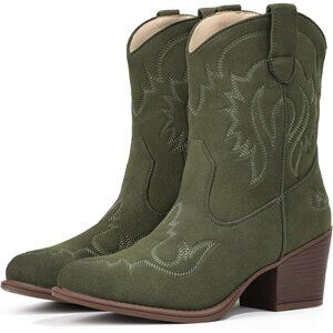 ⚡Women Green Faux Leather Ankle Cowgirl Pull-On Pointed Toe Short Western Boots